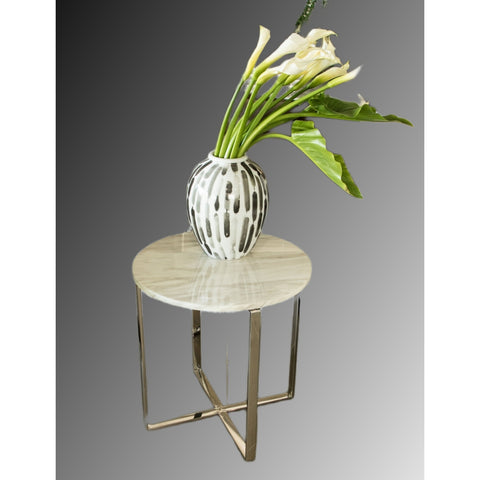 Sarya Mirror Polished Stainless Steel Side Table with White Marble Top