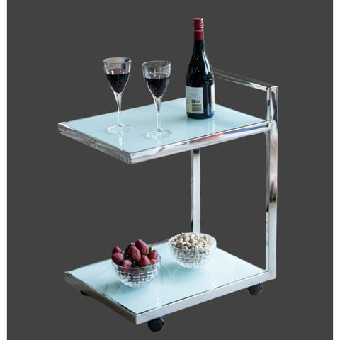 Jamie Stainless Steel Side Table/Trolley with White Tempered Glass