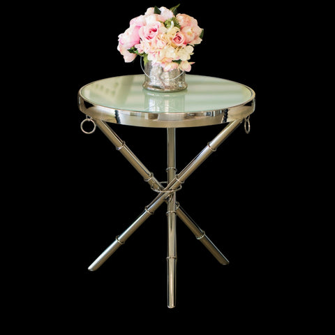 Alaz Mirror Polished Stainless Steel Side Table with White Glass Top