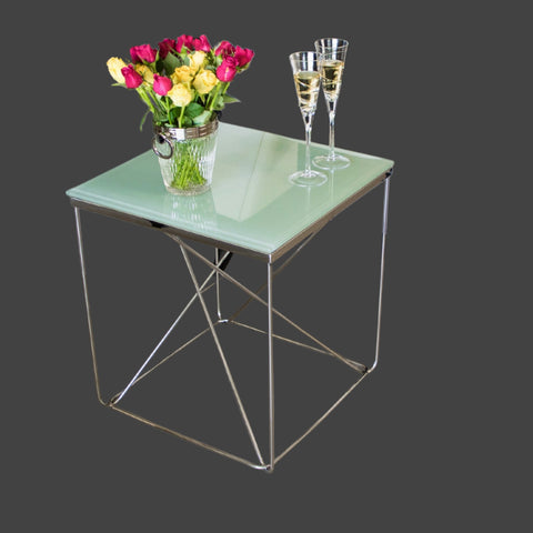 Avesta Mirror Polished Stainless Steel Side Table with White Glass Top