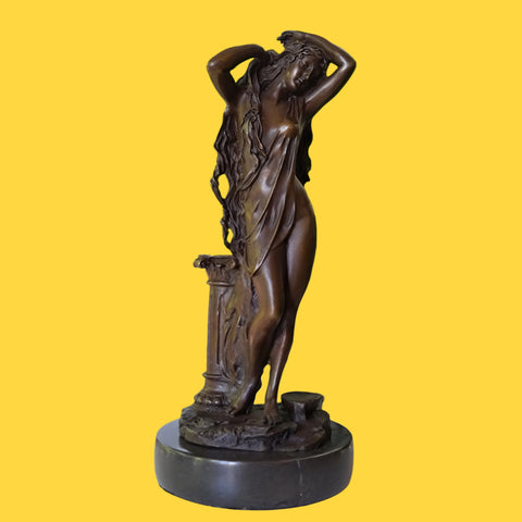 Bronze Sculpture of long hair Woman Girl Lady Fair Maiden on Marble base