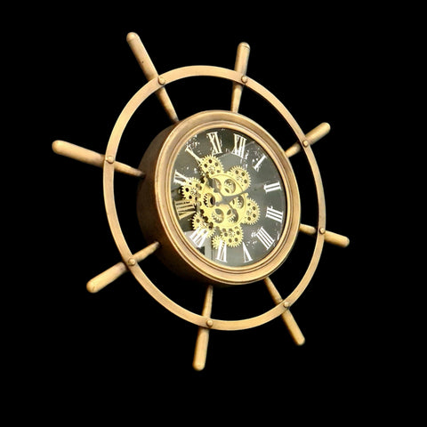 Golden Metal  Boat Wheel 68 Cm Roman Numeral Gear Moving Wall Clock