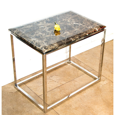 Zivan Mirror Polished Stainless Steel Side Table with Brown Marble Top