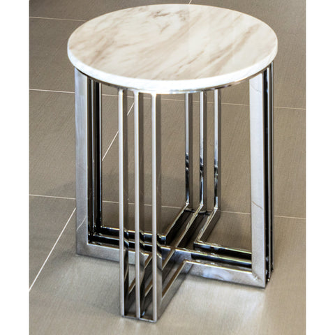 Royal Mirror Polished Stainless Steel Side Table with White Marble Top