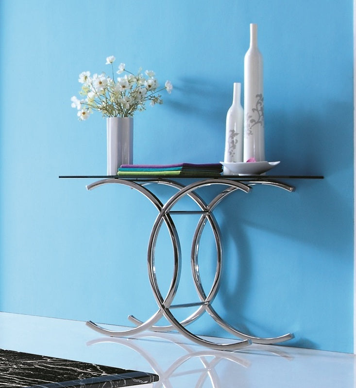 Corry Mirror Polished Stainless Steel Console with Black Glass Top