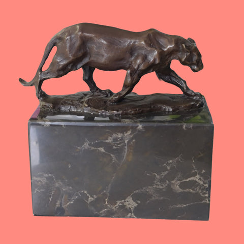 Leopard Cougar Bronze Sculpture On Marble Base