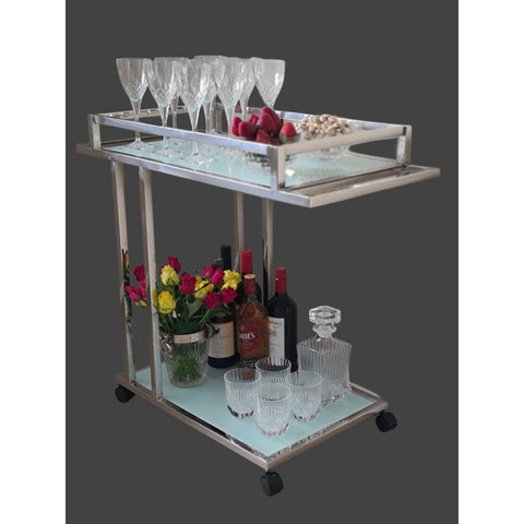 Aro Stainless Steel Drinking Trolley with White Tempered Glass.