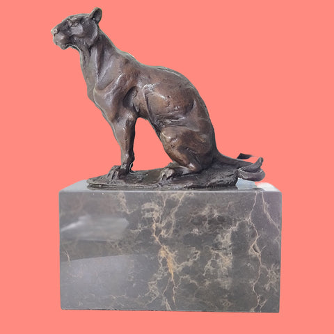   African Lion,Leopard, Cougar Bronze Sculpture On Marble Base 