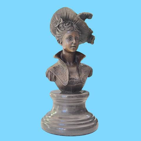 Victorian Portrait Lady Woman Hat Bust Bronze Marble Statue Sculpture