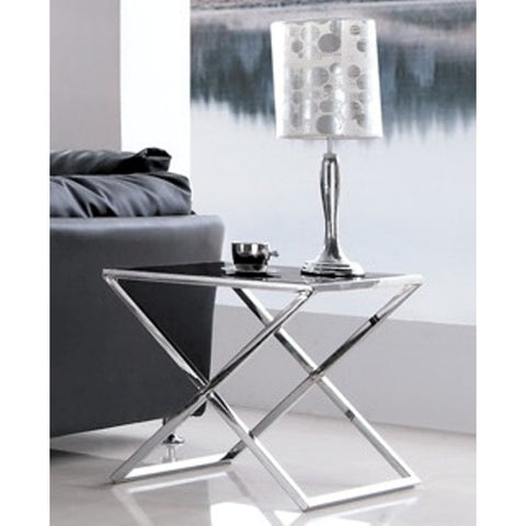 Lily Mirror Polished Stainless Steel Side Table with Black Tempered Glass Top