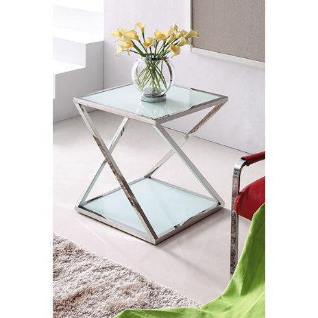 Nela Polished Stainless Steel Side Table W/ White Tempered Glass