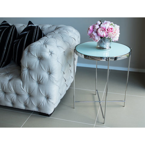 Dilva Polished Stainless Steel Side Table with White Glass Top.