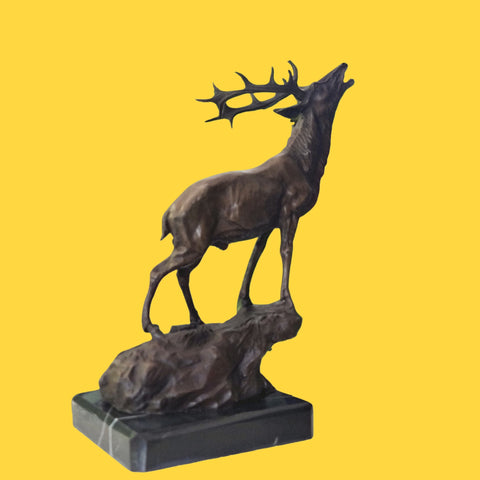 Art Elk Stag Buck Deer Hunter Bronze Marble Base Sculpture Statue