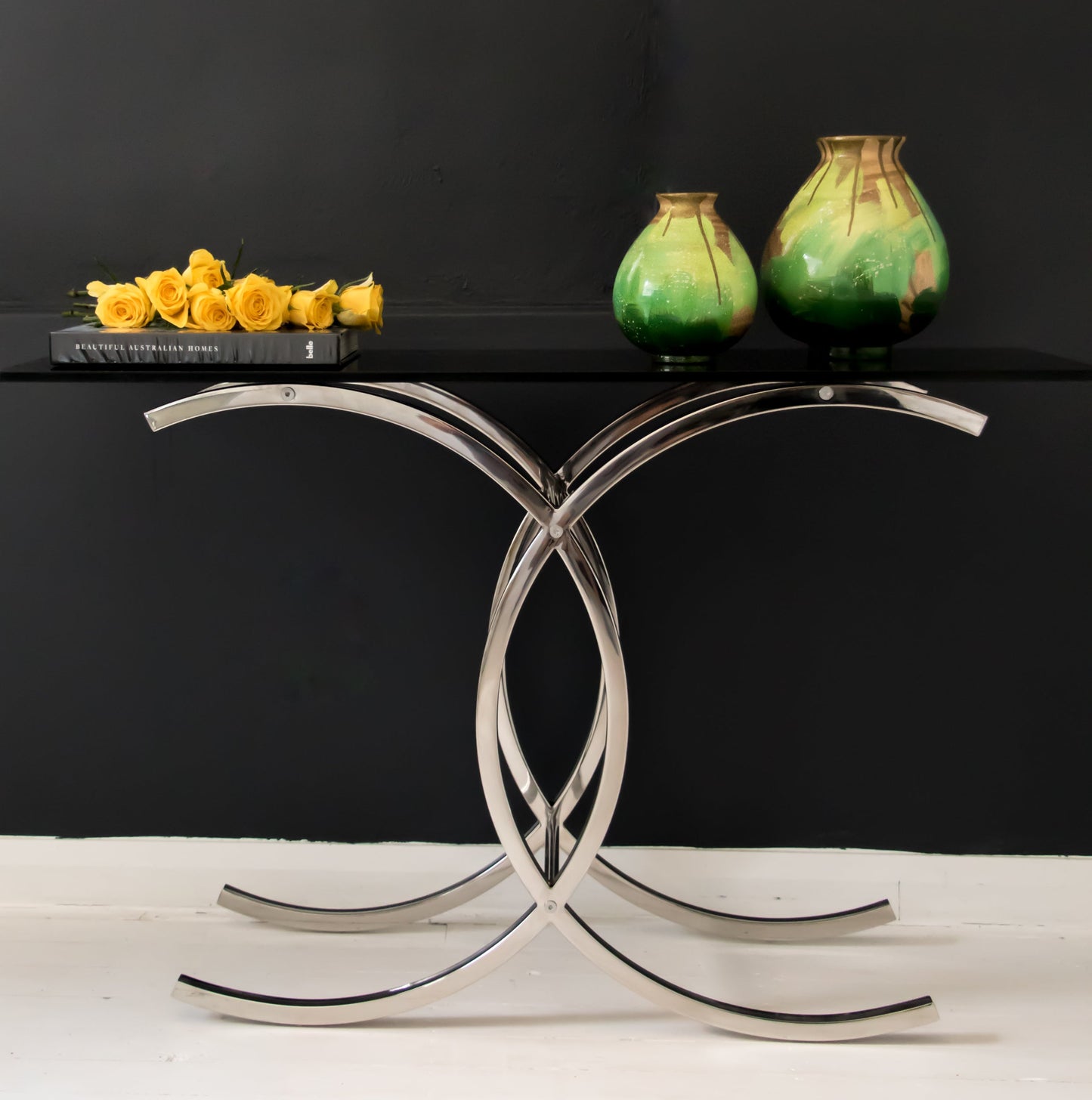 Corry Mirror Polished Stainless Steel Console with Black Glass Top