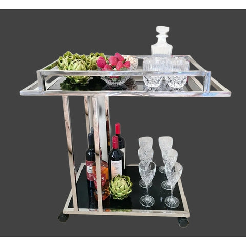 Aro Mirro Polished Stainless Steel Drinking Trolley with Black Tempered Glass.