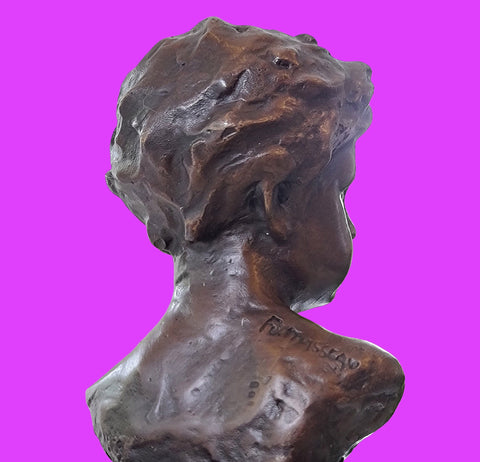 Bronze Sculpture Bust of a Boy Cherub on Marble Base