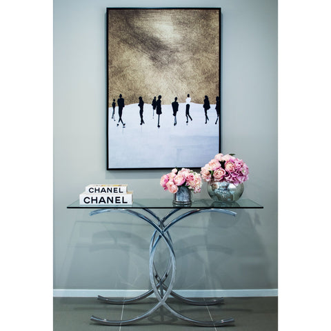 Corry Mirror Polished Stainless Steel Console with Clear Glass Top