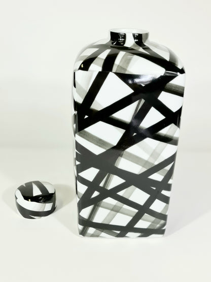 Large Hand painted-Black and White Container, Graphic Black Strips