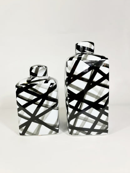 Large Hand painted-Black and White Container, Graphic Black Strips